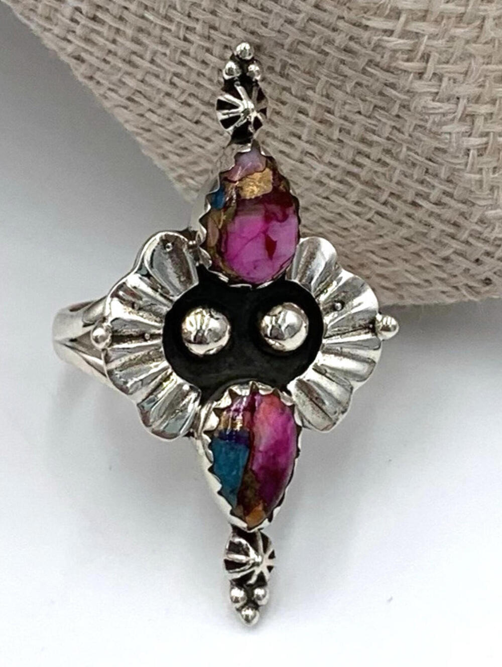 Native Kingman Pink Dahlia Turquoise Sterling Silver Ring